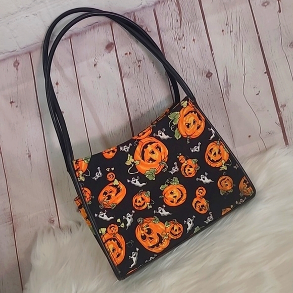 Pumpkin & Ghost Mini Halloween Print Zip Square Shoulder Bag Purse Tote 10" - Picture 16 of 17